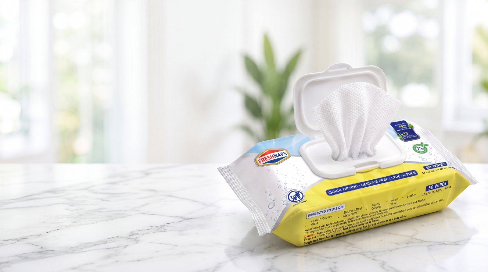 Freshnaps multipurpose wipes on a clean marble surface