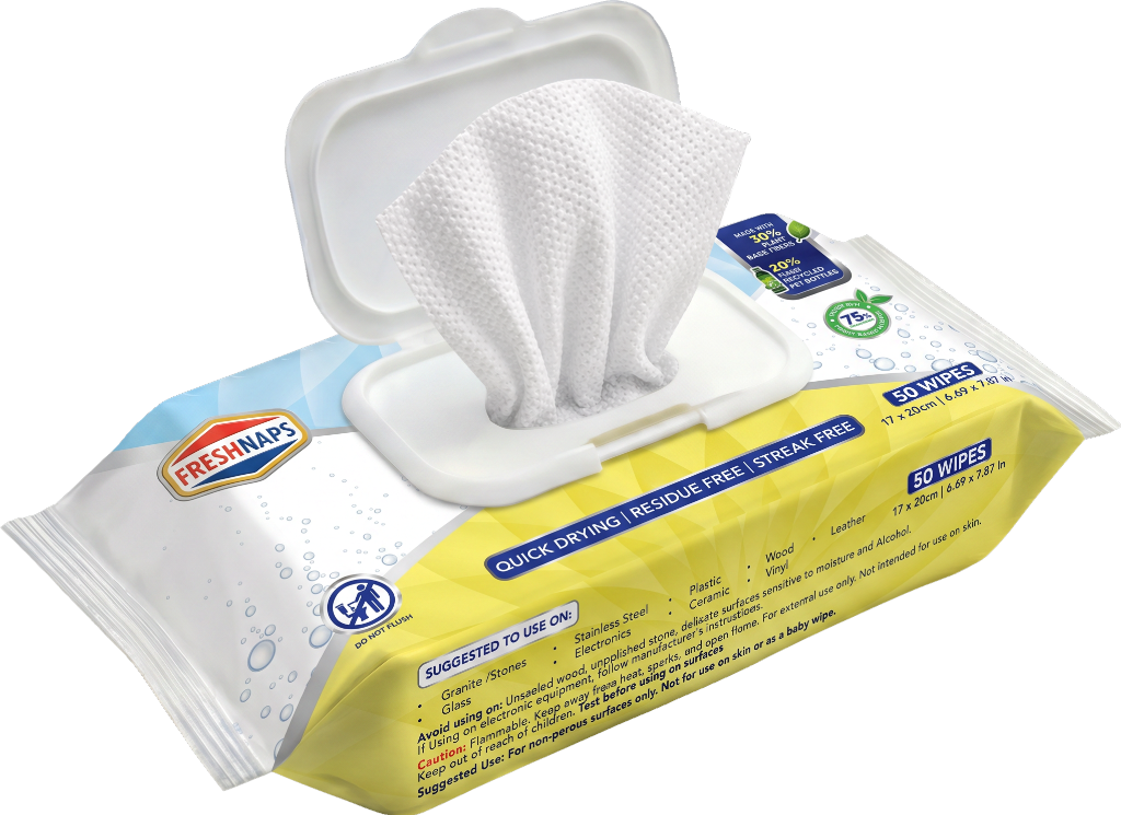 Freshnaps pack with wipe being pulled for a surface reset