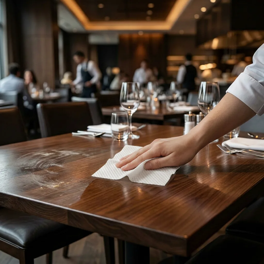 Restaurant table being wiped