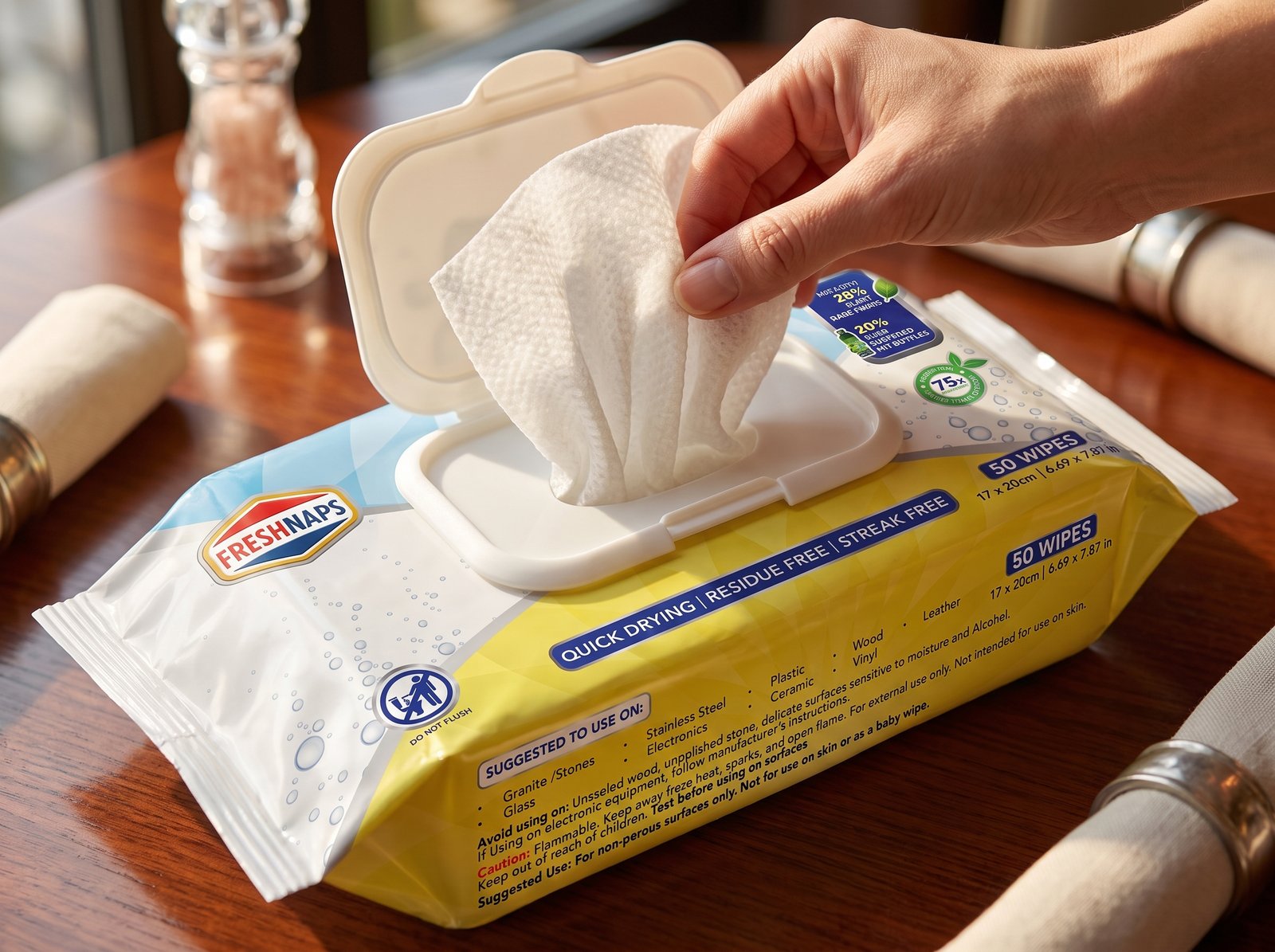 Hand pulling a Freshnaps wipe from the resealable package