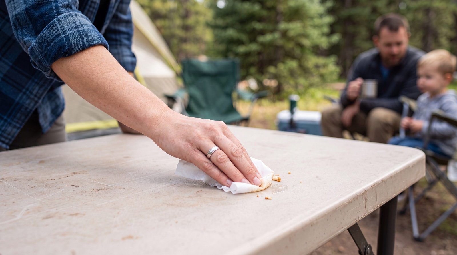 Camping table being cleaned outdoors