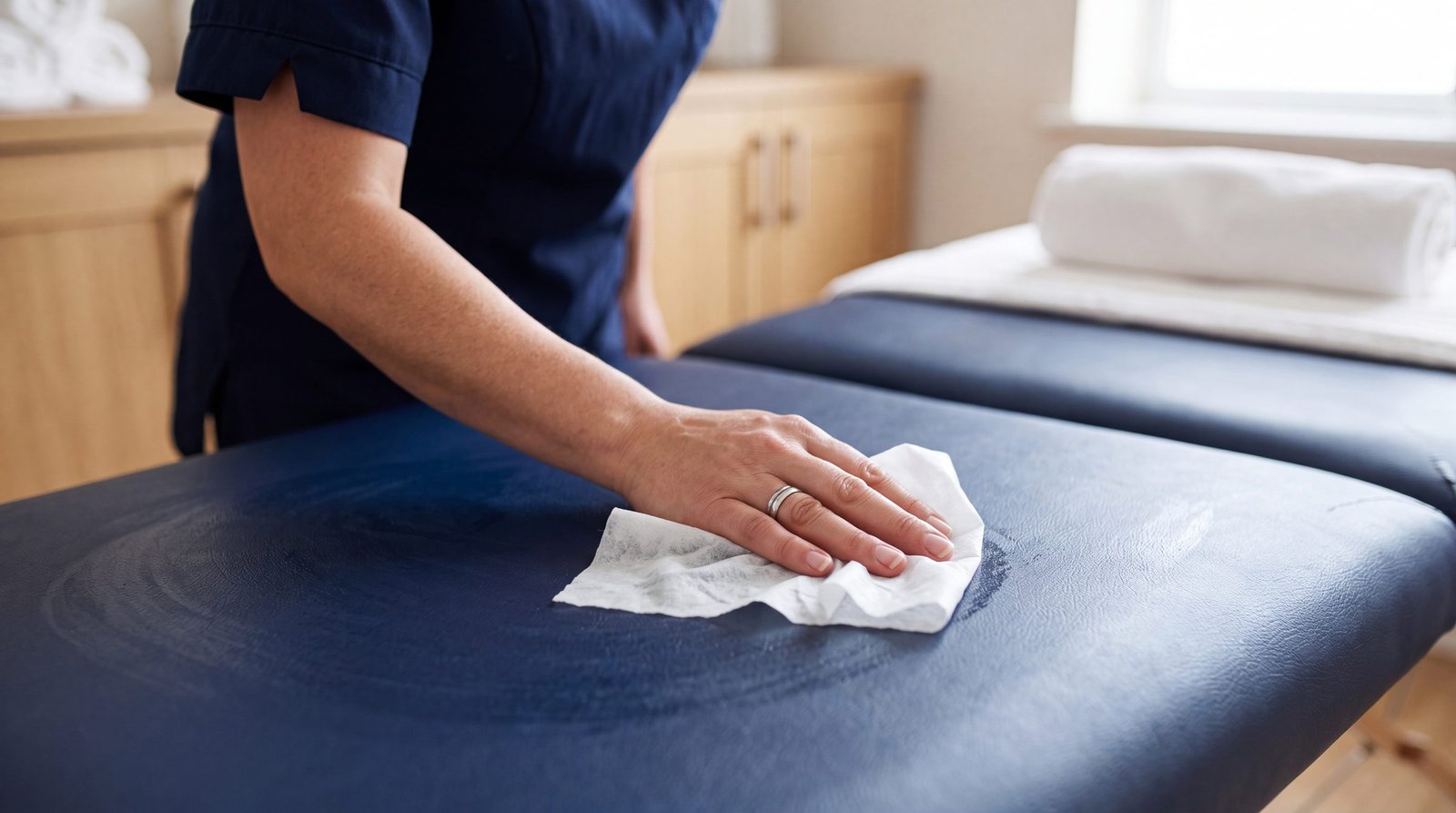 Spa treatment bed being cleaned